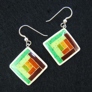 log cabin quilt block green earrings